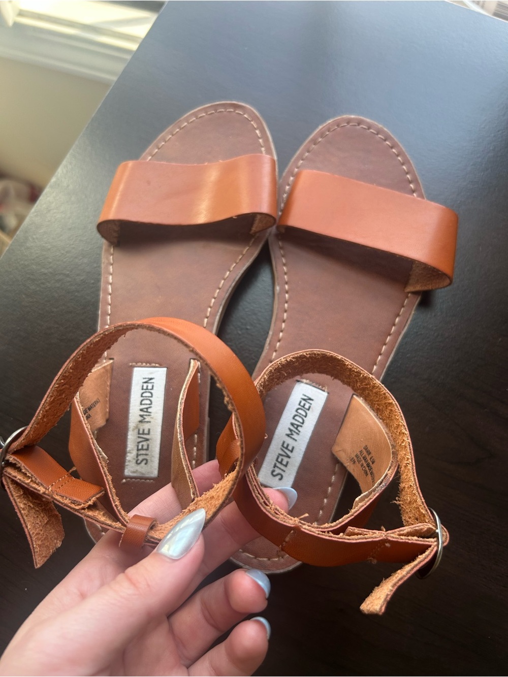Steve Madden Cognac Leather Ankle Strap Slide Sandals